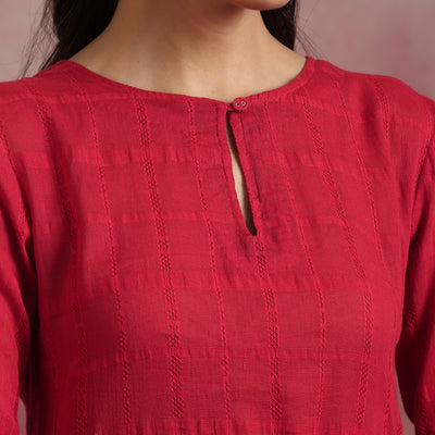 trueBrowns Red Cotton Dobby Flared Kurta Set