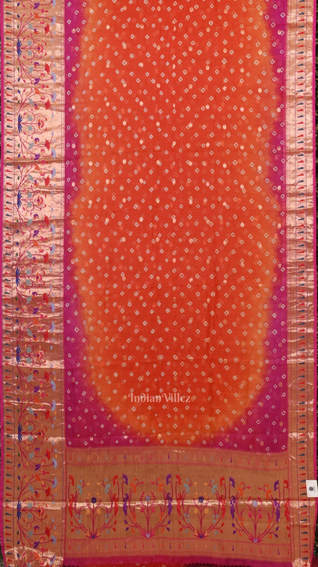 Dark Orange Pink Bandhini  Banarasi Kota Silk Saree with Paithani Border