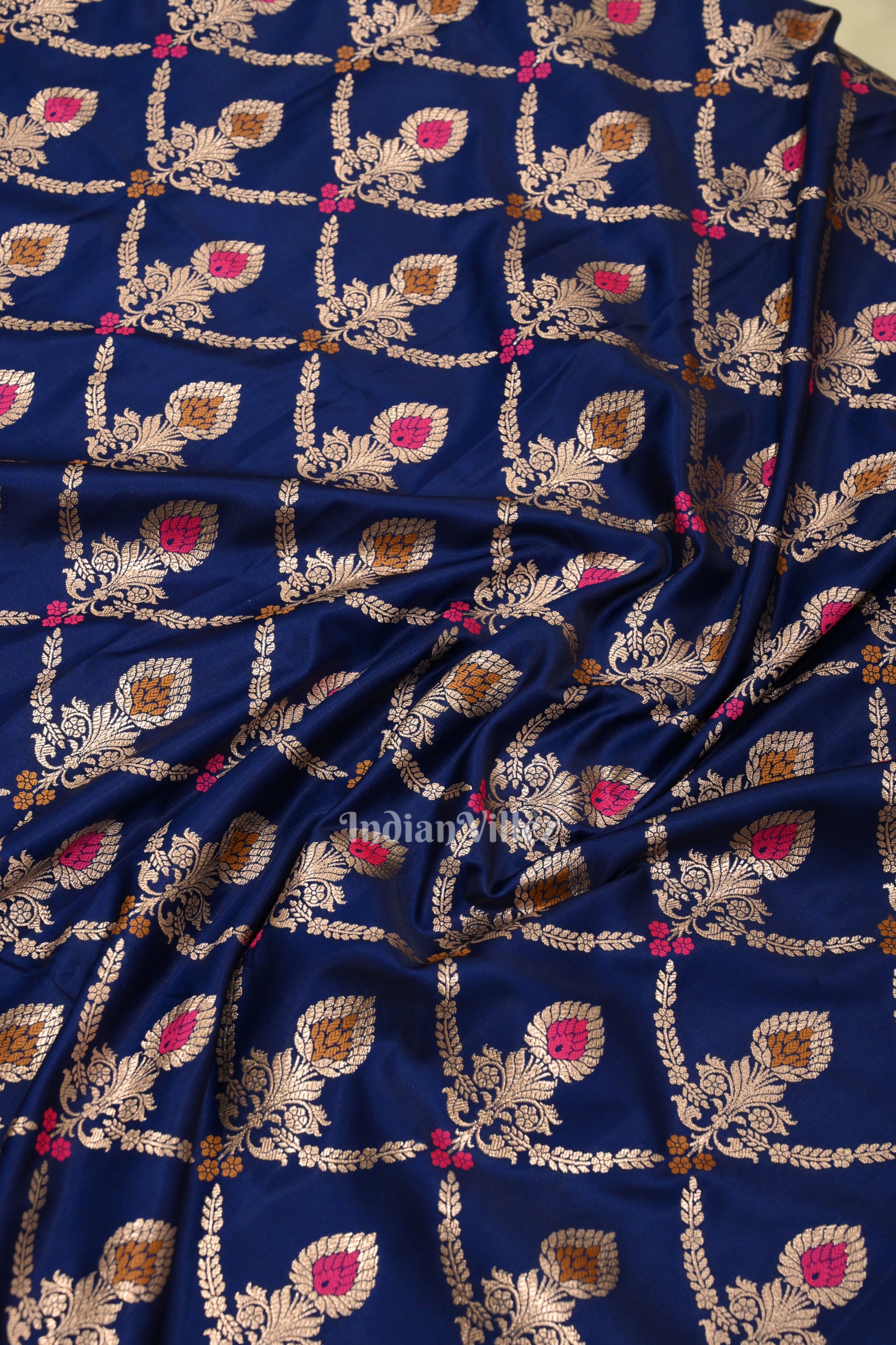 Deep Blue Meenakari Pure Mashru Satin Silk Banarasi Saree
