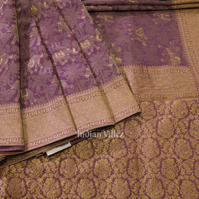 Woven Golden Border Lavender Purple Banarasi Katan Tissue Saree
