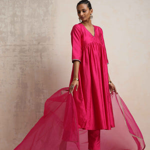 trueBrowns Pink Silk Anarkali Kurta Pant Dupatta Set