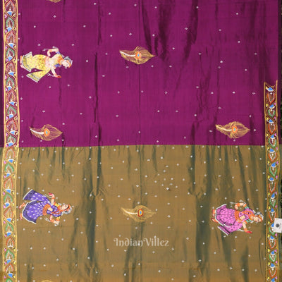 Mehendi Green Dual Tone Giri Govardhan Hand-Painted Pattachitra Saree