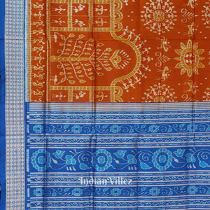 Orange Blue Tribal Theme Odisha Ikat Pure Sambalpuri Silk Saree
