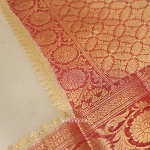 Off White Red Designer Kora Oraganza Banarasi Saree