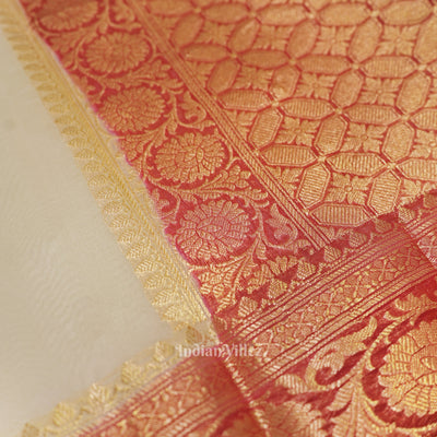 Off White Red Designer Kora Oraganza Banarasi Saree