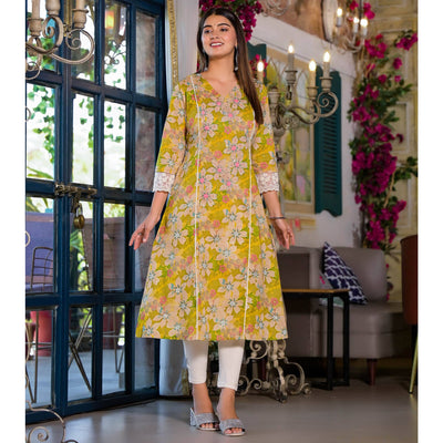 Dark Lemon Green Floral Printed Giza Cotton Maxi Dress
