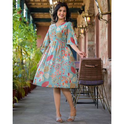 green-floral-foil-printed-chiffon-a-line-dress