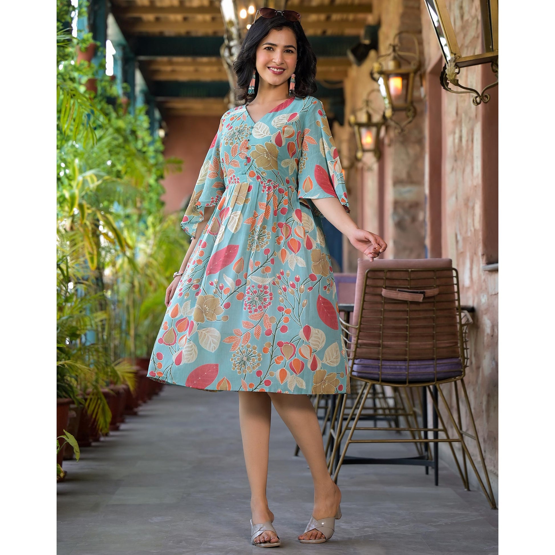 green-floral-foil-printed-chiffon-a-line-dress