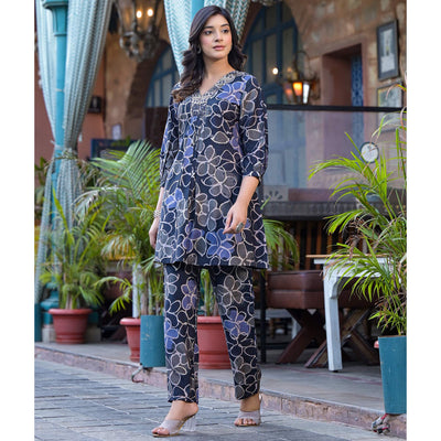 Denim Blue Floral Printed Chanderi Silk Co-Ord Set