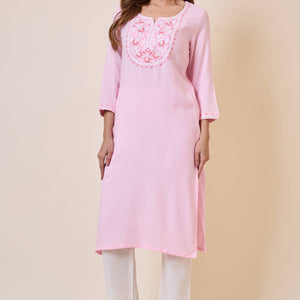 Light Pink Yoke Embroidered Rayon Straight Kurti