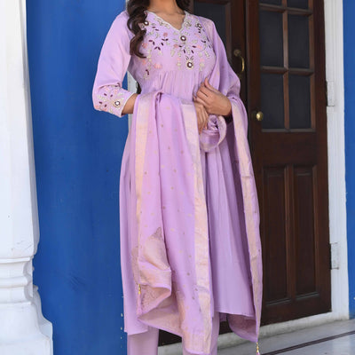 Lavender Floral Embroidered Muslin Anarkali Salwar Suit
