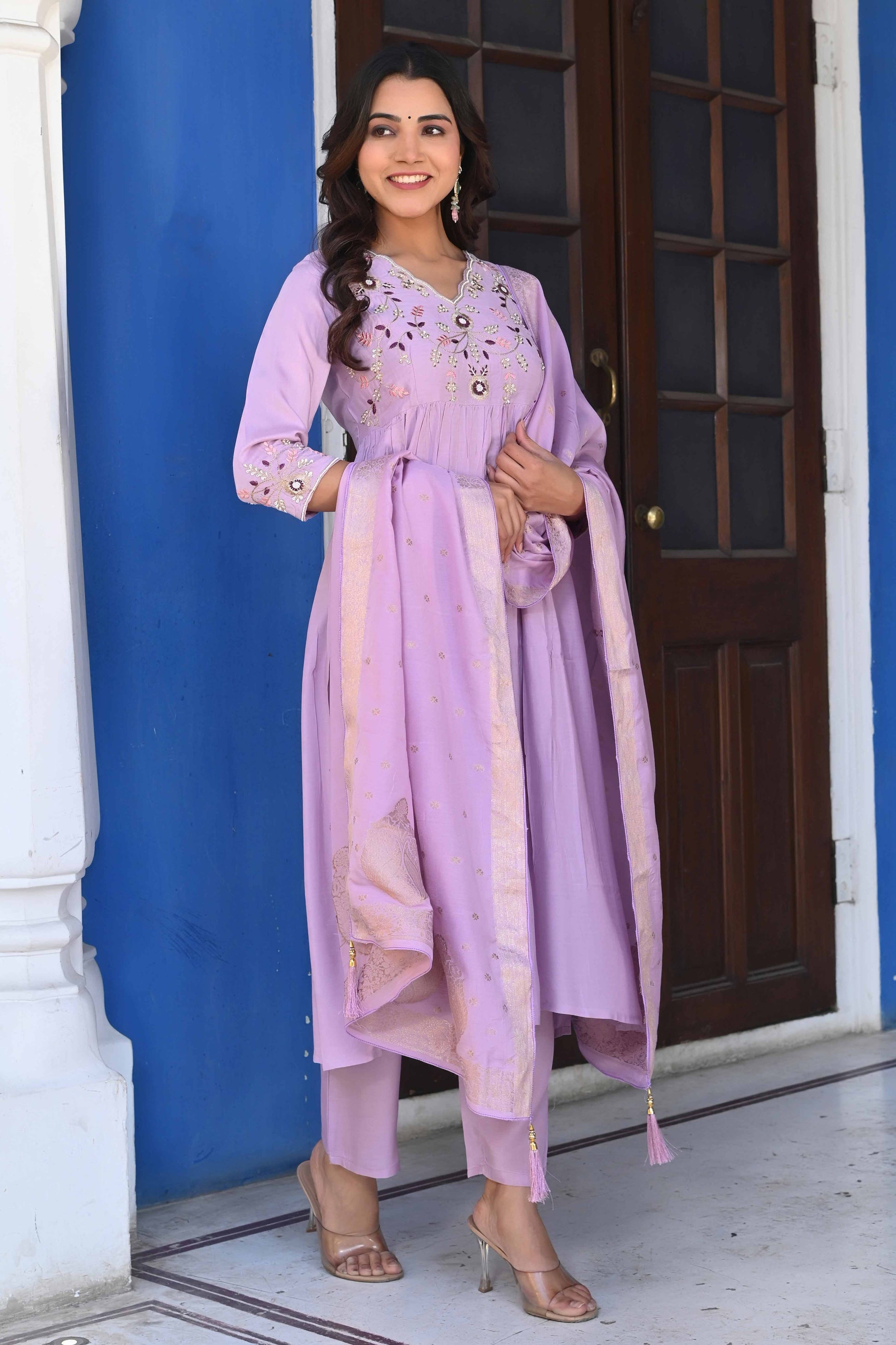 Lavender Floral Embroidered Muslin Anarkali Salwar Suit
