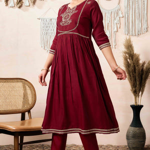 Maroon Sequins Embroidered Cotton Silk Anarkali Salwar Suit