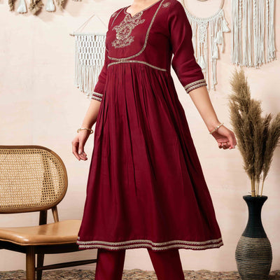 Maroon Sequins Embroidered Cotton Silk Anarkali Salwar Suit