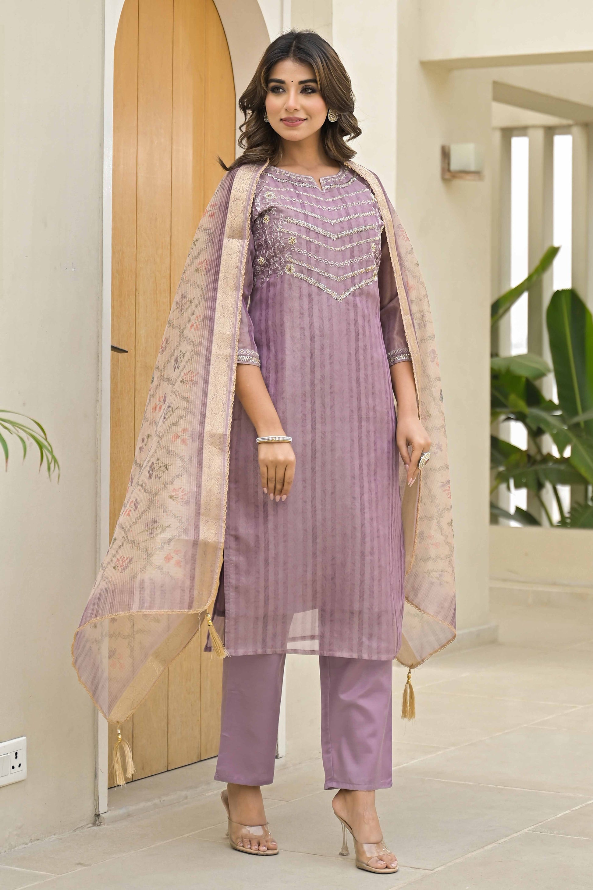 Lavender Embroidered Handwork Crush Chanderi Salwar Suit