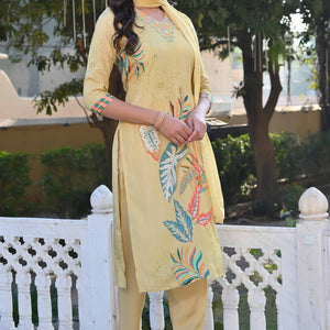 Lime Yellow Sequins Work With Printed Muslin Salwar Suit