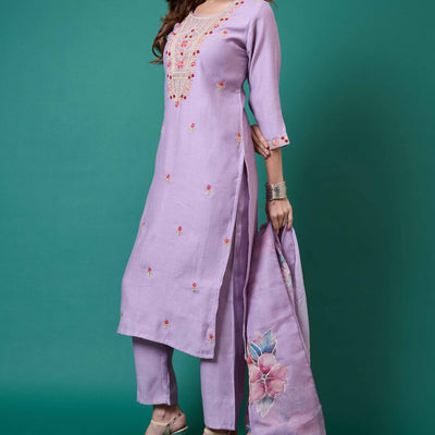 Lavender Handwork Embroidered Viscose Straight Salwar Suit