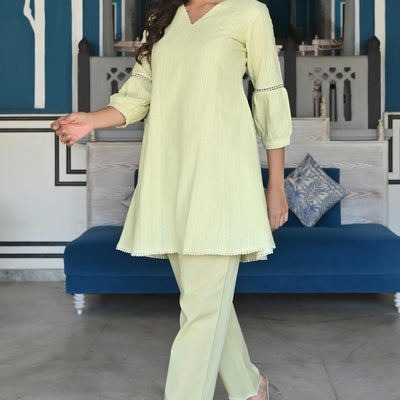 Lemon Yellow Dobby Work Pure Cotton Co-Ord Set