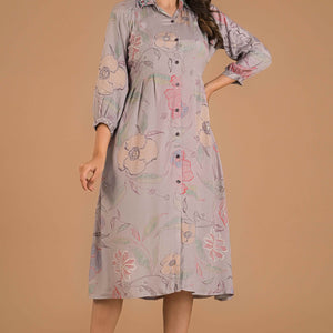 Light Purple Floral Printed Muslin A-Line Dress