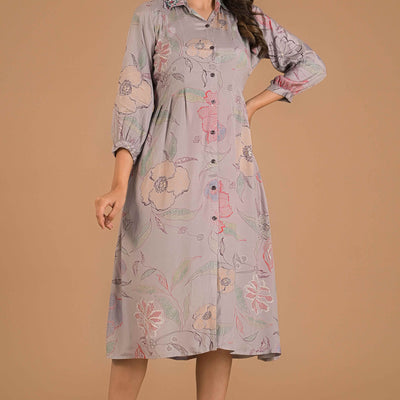 Light Purple Floral Printed Muslin A-Line Dress