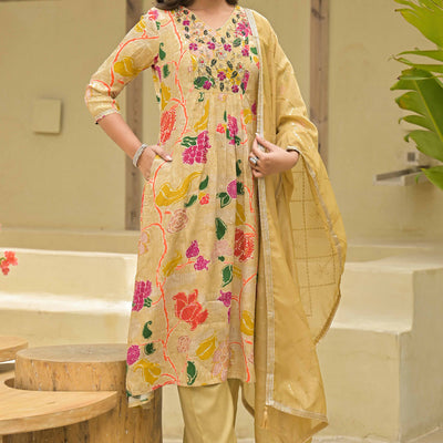 Chikoo Floral Printed Muslin Anarkali Style Salwar Suit With Hand Work