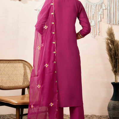 Burgundy Floral Embroidered Chanderi Silk Straight Salwar Suit