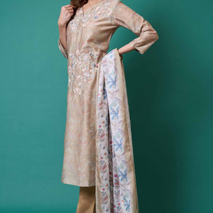 Light Olive Floral Embroidered Chanderi Silk Straight Salwar Suit
