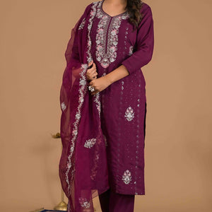 Imperial Purple Floral Embroidered Sequins Work Cotton Silk Straight Salwar Suit