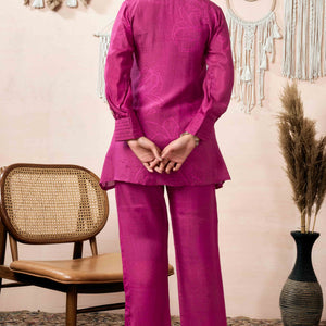 Mulberry Wine Beads Work Digital Printed Muslin Co-Ord Set