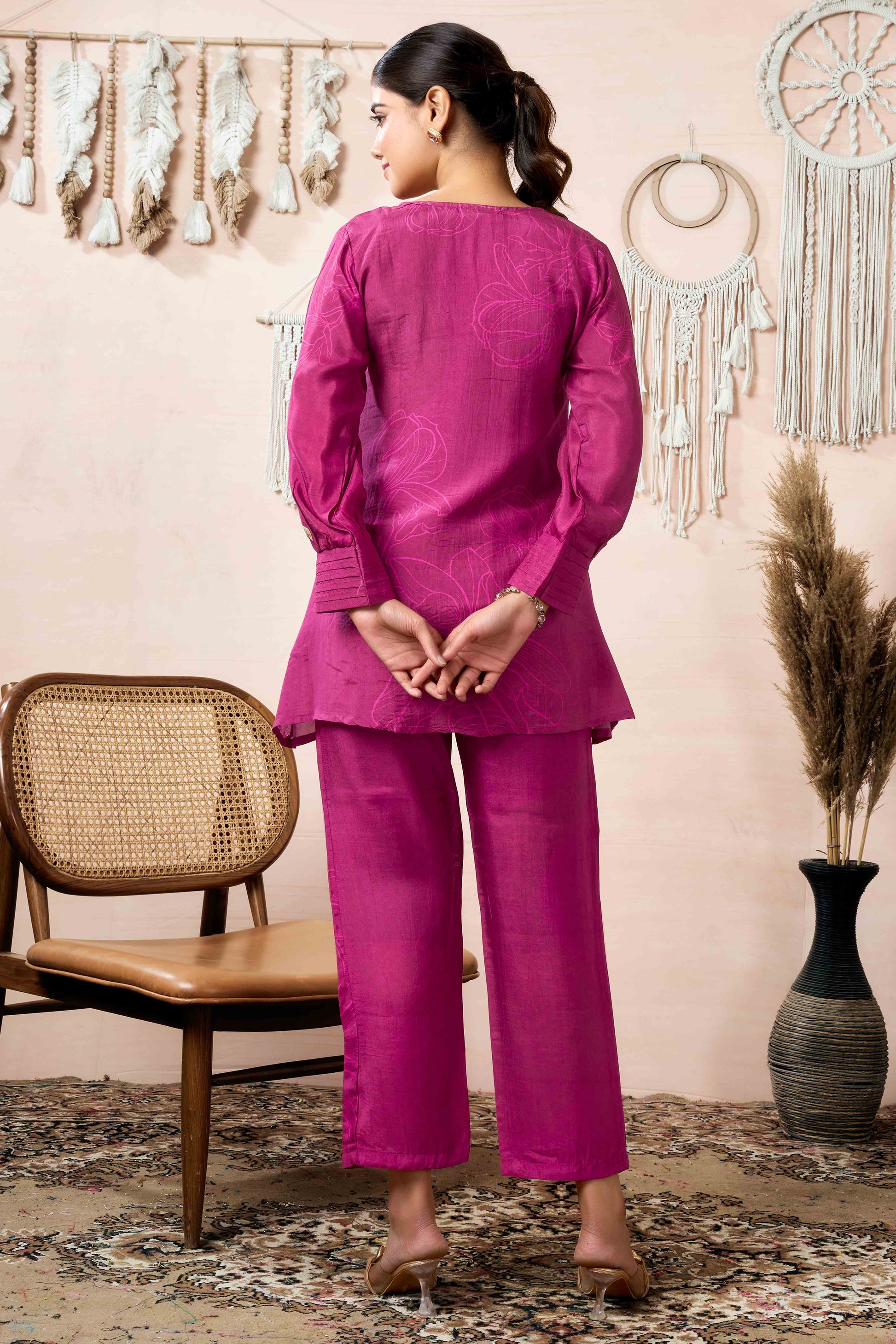 Mulberry Wine Beads Work Digital Printed Muslin Co-Ord Set