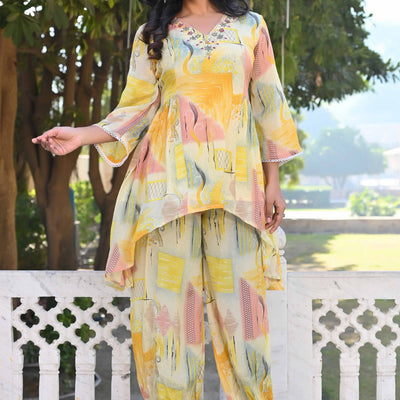 Cream & Yellow Printed With Embroidered Pure Chinon A-Line Co-Ord Set