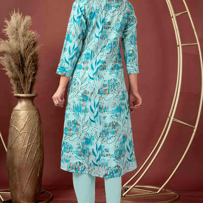 Light Blue Floral Printed Pure Cotton A-Line Kurti