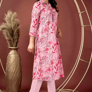Light Peach Floral Printed Pure Cotton A-Line Kurti