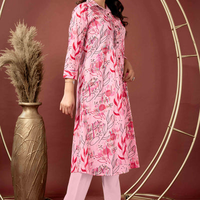 Light Peach Floral Printed Pure Cotton A-Line Kurti