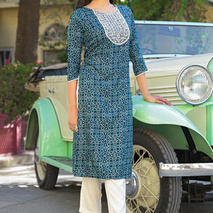 Bottle Green Bandhani Printed Thread Work Rayon Straight Kurti