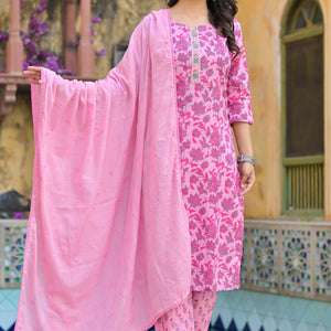 Blush Pink Floral Printed Pure Cotton Straight Salwar Suit