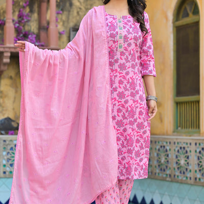 Blush Pink Floral Printed Pure Cotton Straight Salwar Suit