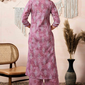 Mauve Floral Foil Printed Cambric Cotton Kurti Palazzo Set