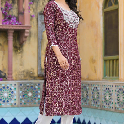 Maroon Bandhani With Embroidered Rayon Straight Kurti