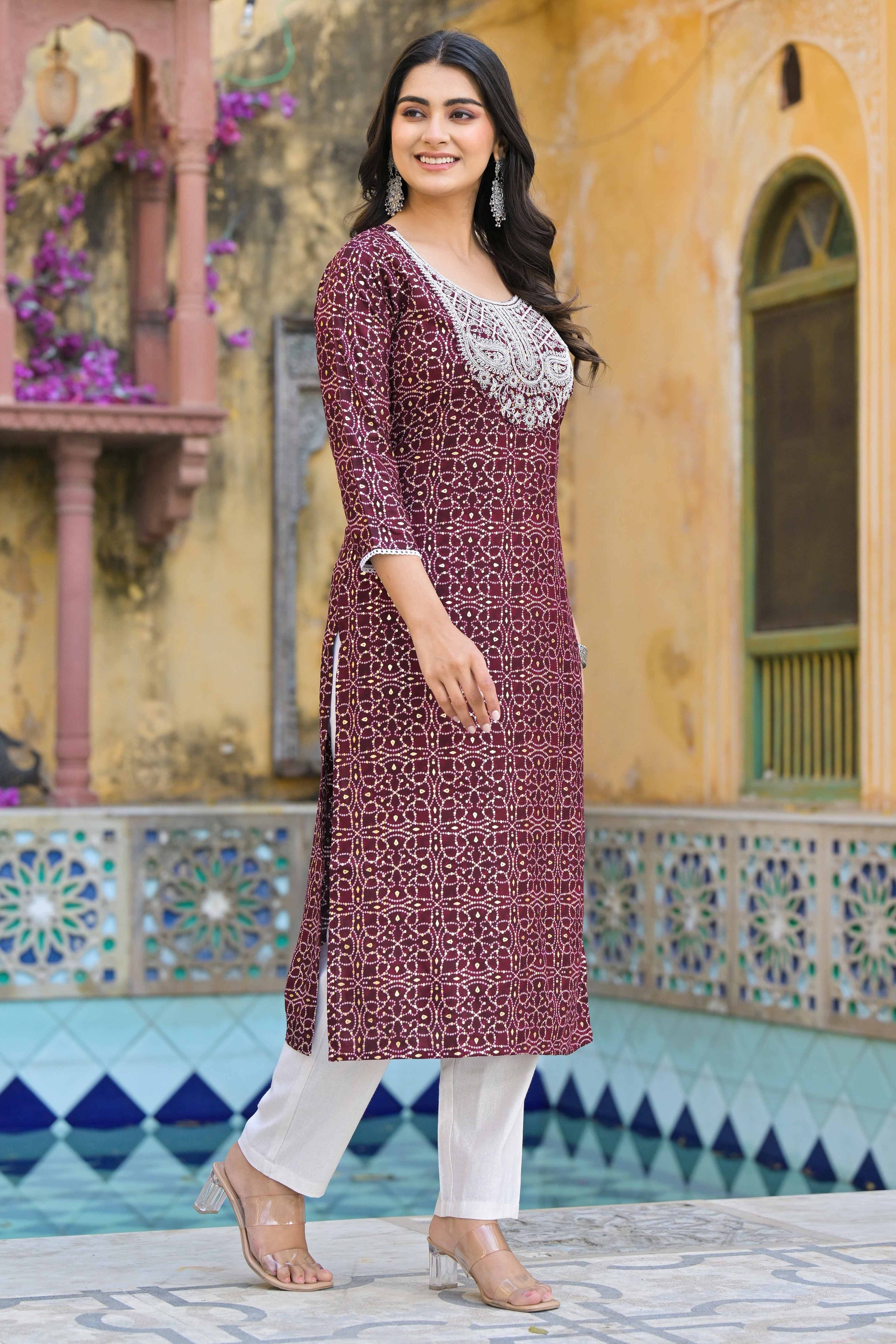Maroon Bandhani With Embroidered Rayon Straight Kurti