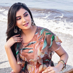 Brown Digital Floral Printed Chiffon Maxi Dress