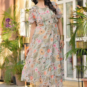 Light Olive Digital Floral Printed Chiffon Maxi Dress
