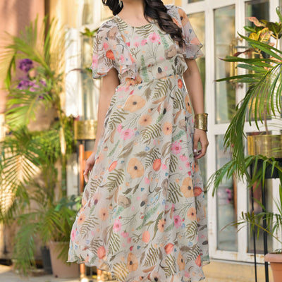 Light Olive Digital Floral Printed Chiffon Maxi Dress