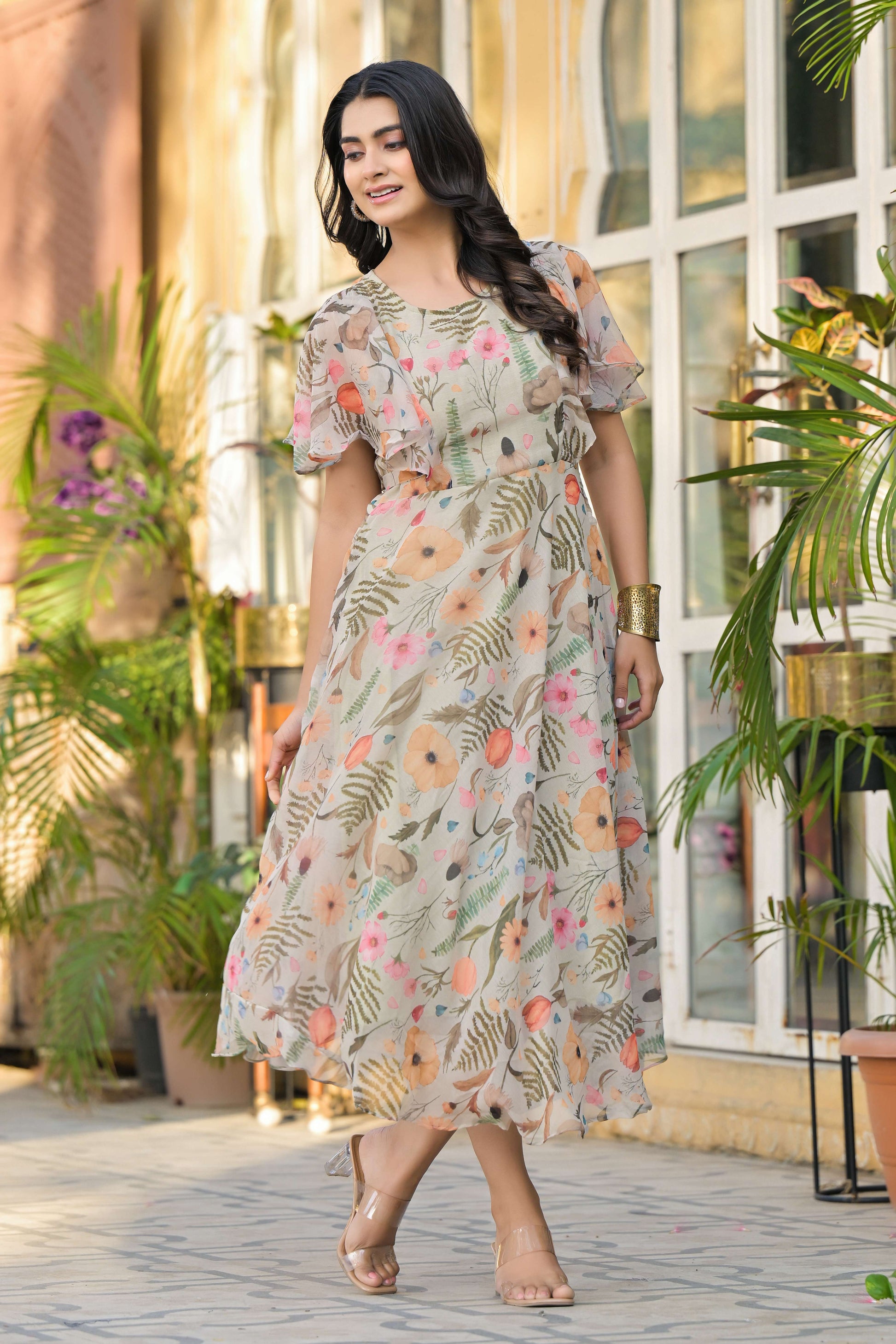 Light Olive Digital Floral Printed Chiffon Maxi Dress