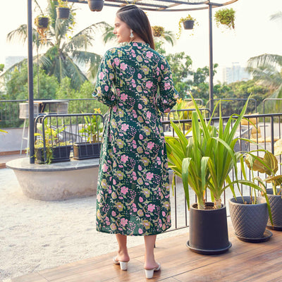 Dark Bottle Green Floral Printed Pure Cotton Dress