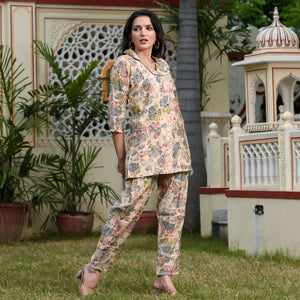 Cream Floral Printed Muslin Co Ord Set