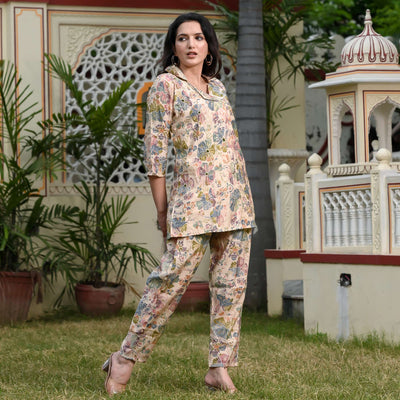 Cream Floral Printed Muslin Co Ord Set