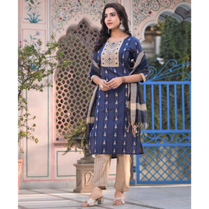 Blue Woven Pure Cotton Straight Salwar Suit