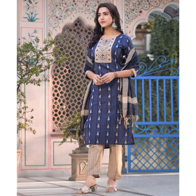 Blue Woven Pure Cotton Straight Salwar Suit