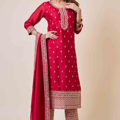 Dark Pink Embroidered Vichitra Silk Salwar Suit